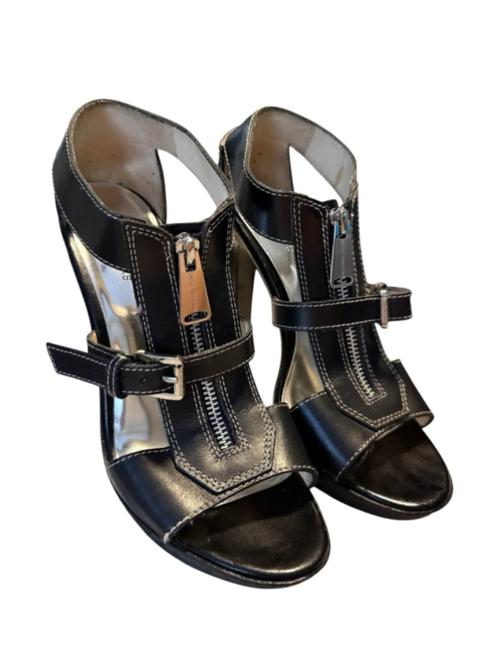 Michael Kors Black Leather Platform Sandals Zip Buckle High Heel Womens Size 8.5